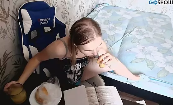 Studious Girl Masturbates Toplessly